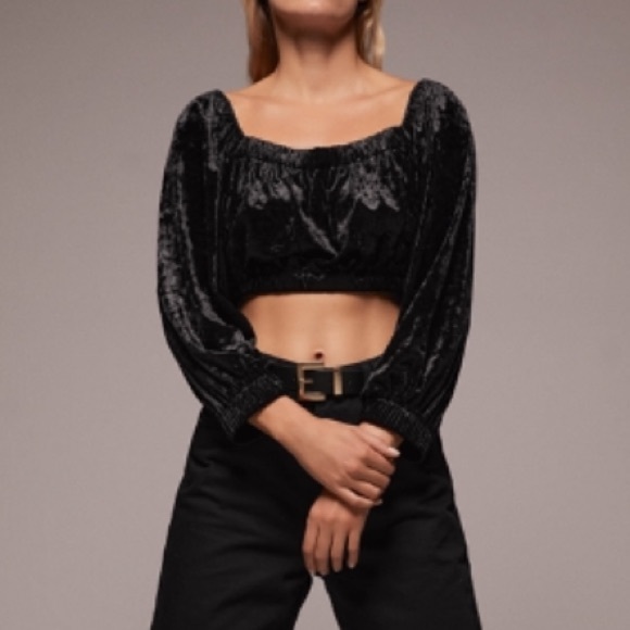 M 🔖 ZARA Velvet Cropped Long Sleeve Top Black Empire Crop - Picture 5 of 13